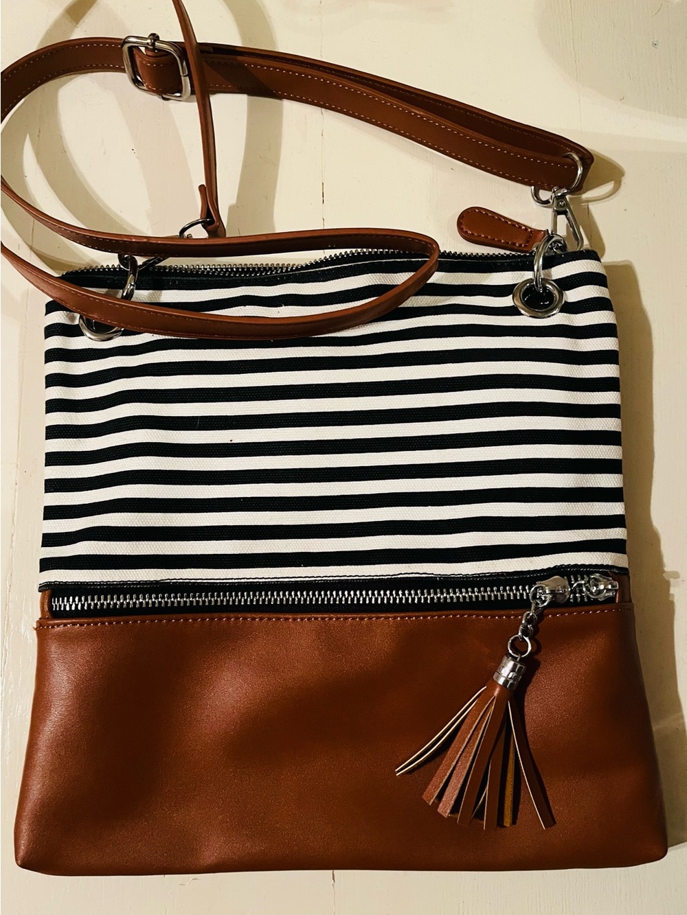 Striped Black & White Canvas Crossbody with Brown Leather Trim